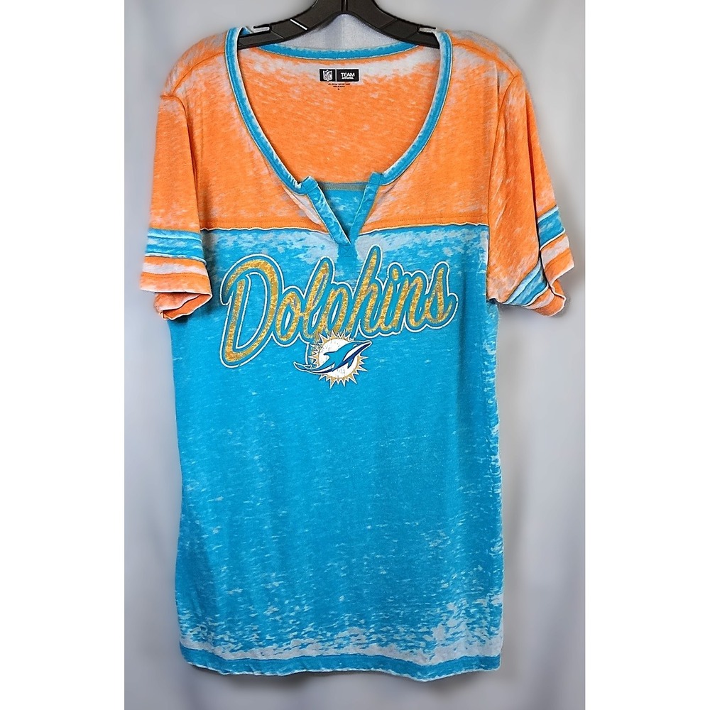 NFL Miami Dolphins T-Shirt Orange Blue Burnout Football Tee‎ Size Women's XL